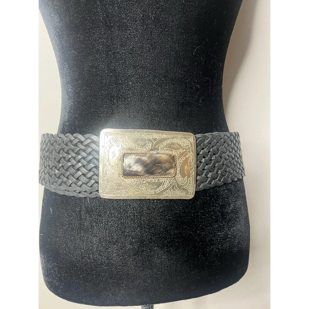 Motif 56 Wide Braided Leather Belt With Silver Buckle Vintage Medium